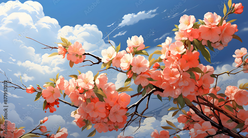 Sticker Pink Blossom Illustration Against Blue Sky