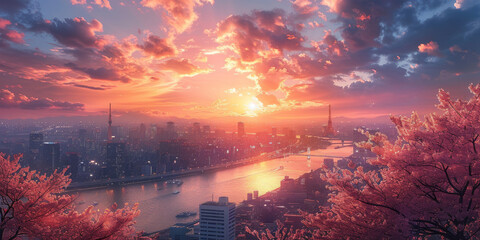 ピンク色のサクラの幻想的な背景