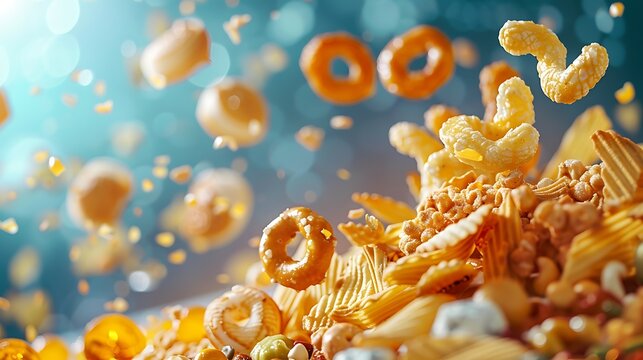 Group of sweet and salty snacks on beautiful background