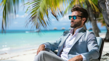 Man bleisure concept image with a businessman in business travel enjoying his free time for leisure