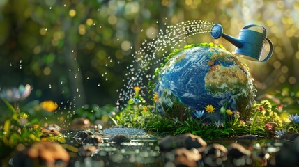 world environment day background with and small water fountains on the world globe 
