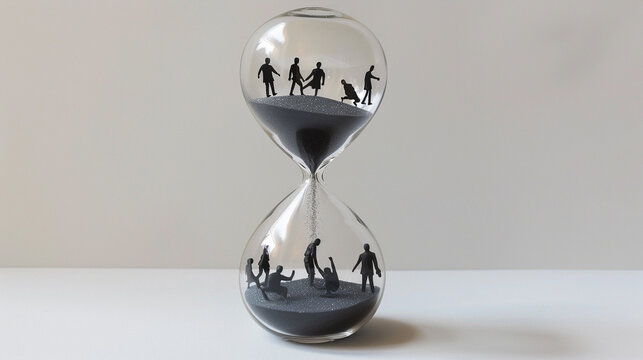 modern hourglass photographed on white background photographed with people inside running out of time and people manpower