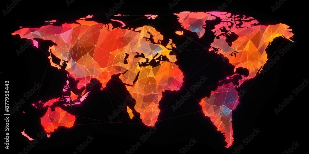 Poster polygonal world map on a dark background. the various bright world map made from polygon material. g