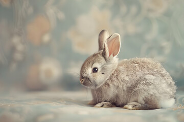 Fototapeta premium Cute Grey Bunny on Soft Fabric - Photo