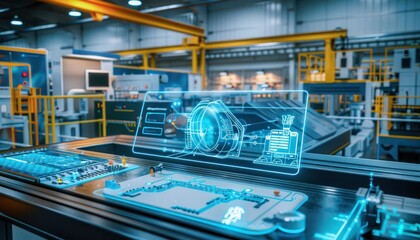 Obraz premium Digital twin of a manufacturing plant with virtual reality monitoring and AI optimization, illustrating business modernization.