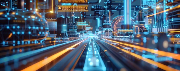 Digital twin technology visualizing a business process in a high-tech virtual environment, showcasing digital transformation.