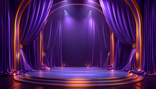Purple and gold stage with spotlights and curtains