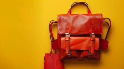 Naklejka premium Leather backpack with straps and red purse on yellow background