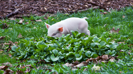 albino pig rummaging in tall green grass