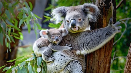 Fototapeta premium Mother koala with baby on her back on eucalyptus tree