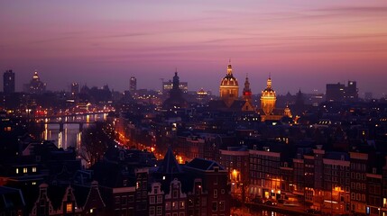 Obraz premium Night skyline historical center of Amsterdam