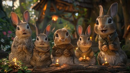 Cozy Gathering: Six Animated Rabbits in Warm Light