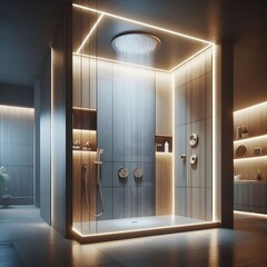 Modern Bathroom Interior with Illuminated Shower and Elegant Fixtures