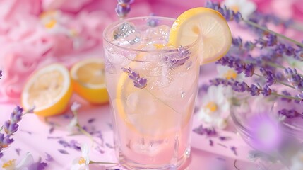 Pink lemonade with lavender flowers infused ice and lemon slices in pastel color background and purple flowers around