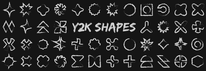 Y2K futuristic shape design elements. Large collection of abstract graphic retro geometric symbols and objects in 2000 style. Templates for notes, posters, banners, stickers, business cards,logo