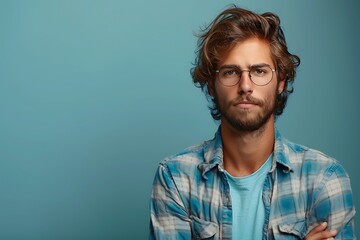  Portrait of an unhappy young man , blue color background banner with copy space 