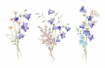 Obraz premium Beautiful floral set with gentle hand drawn watercolor bluebell floral bouquets with bow. Stock illustration. Realistic watercolor flower clip art.