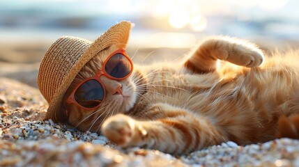 Portrait of a funny ginger British shorthair cat in sunglasses and a straw sun hat lies on its back on a beach in summer