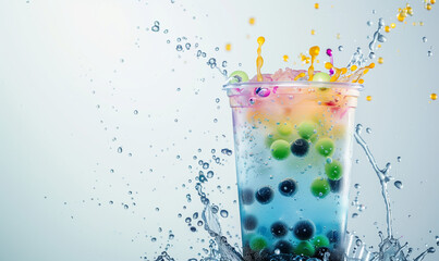 Enjoy Colorful Bubble Tea with Tasty Splashes on White Background