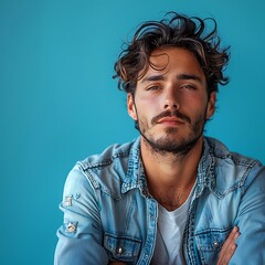 Obraz premium Portrait of an unhappy young man , blue color background banner with copy space 