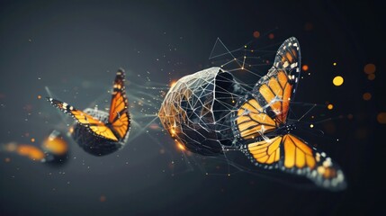Futuristic digital representation of a butterfly emerging from a cocoon, highlighting the stages of business evolution and success.