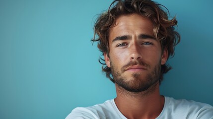 Fototapeta premium Portrait of an unhappy young man , blue color background banner with copy space 