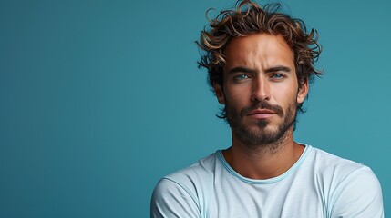 Fototapeta premium Portrait of an unhappy young man , blue color background banner with copy space 