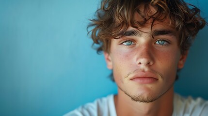 Fototapeta premium Portrait of an unhappy young man , blue color background banner with copy space 