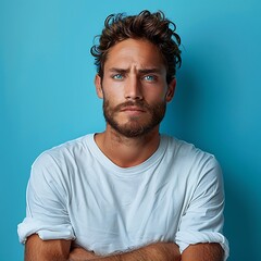 Obraz premium Portrait of an unhappy young man , blue color background banner with copy space 