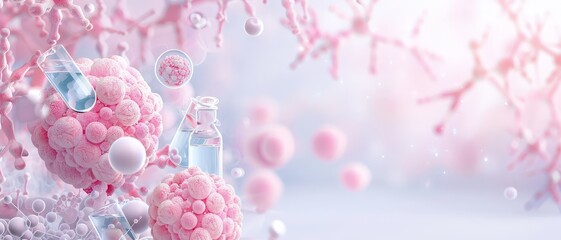 Abstract representation of stem cell biology showcasing pink molecular structures and test tubes in a scientific research setting.