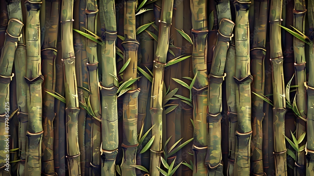 Wall mural Close-Up of Bamboo Stems, Green Natural Bamboo Texture, Vertical Bamboo Background
