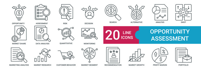 Opportunity Assessment icon collection set with Risk, Decision, Search, Alternative, Analysis