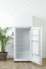 White Refrigerator Open Against Brick Wall