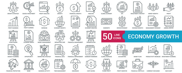 Fototapeta premium Economy Growth icon collection set with Bank, Business Activity, Time Management, Insurance, Cost Saving