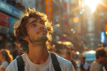 Obraz premium A happy young Caucasian man looking up at the sky alone in a busy city, sun shining 