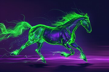 Glowing Green Horse Charges Across a Purple Landscape