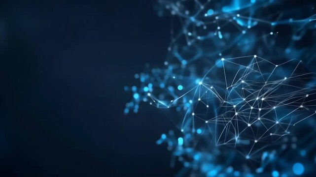Abstract digital network connections, glowing blue lights, and geometric lines on a dark background. Technology, science, and communication concept.