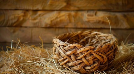 Rustic style decor woven basket woven on dry hay against the backdrop