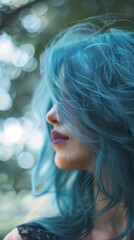 Profile view of a woman with vibrant blue hair and bold makeup, highlighting her features and trendy hairstyle in a dreamy setting.