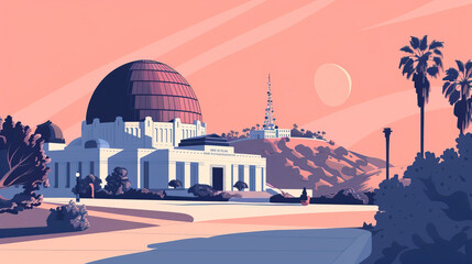 Naklejka premium Risograph riso print travel poster, card, wallpaper or banner illustration, modern, isolated, clear and simple of Griffith Park, Los Angeles, USA. Artistic, screen printing, stencil