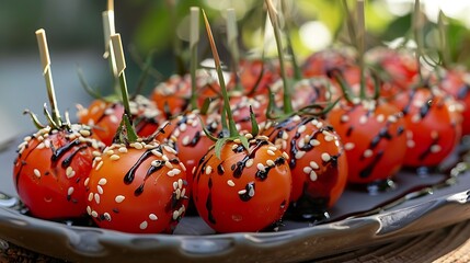 Sesame seed crusted cocktail tomatoes on a twig with balsamic glaze for a forest party dinner