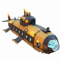 3D Render, Low Poly style of a submarine exploring the depths with periscope, on isolated white background, Generative AI