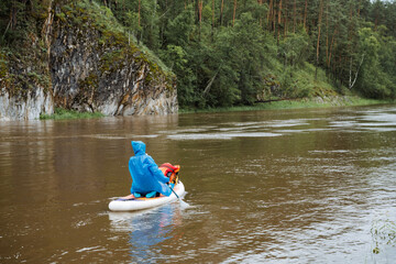 In a peaceful forest river, two people enjoy kayaking amidst greenery, reflecting the tranquility of the wilderness. Its a serene moment of nature exploration and adventure