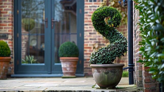 showing a beautifully clipped spiral topiary box plant growing in a pot by the backdoor