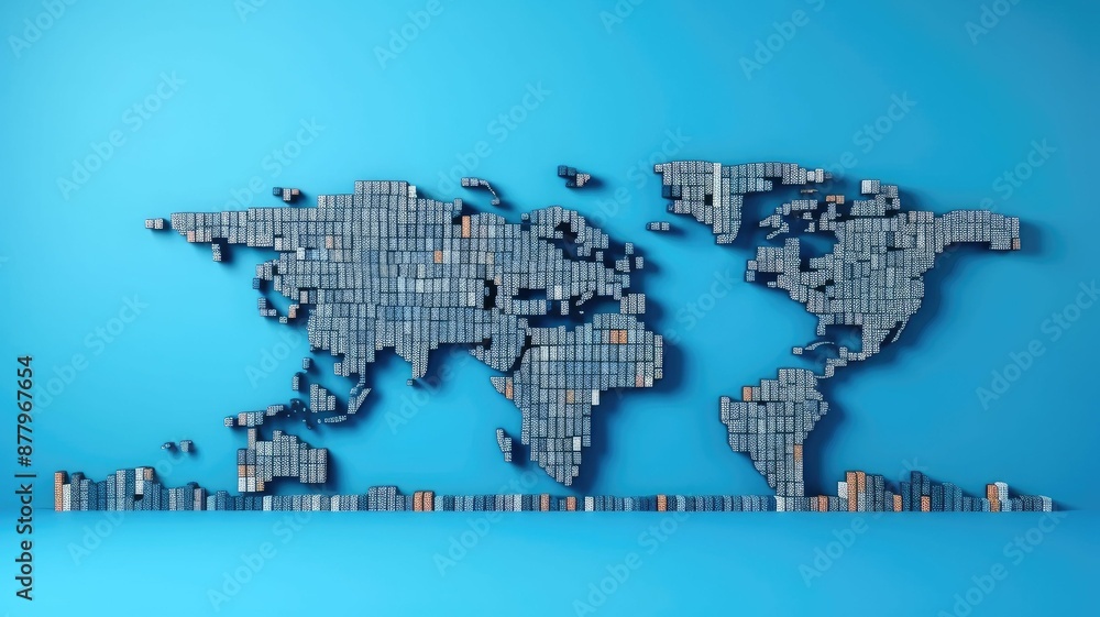 Poster world map constructed from colorful shipping containers. the containers are arranged on a flat, blue