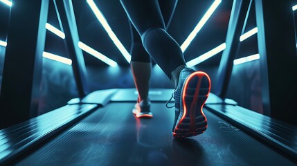 Person Running Treadmill Neon-Lit Tunnel Virtual Reality Environment



