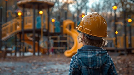 Obraz premium Playground safety concept image with a young boy kid with hard hat letting see an outdoor playground with slide 