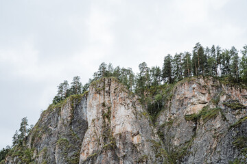 A mountainous outcrop covered in dense trees under a cloudy sky, creating a serene natural landscape with terrestrial plants and a peaceful atmosphere. It depicts the beauty of nature