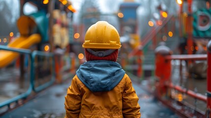 Obraz premium Playground safety concept image with a young boy kid with hard hat letting see an outdoor playground with slide 