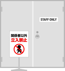 STAFF ONLYと書かれたドアと関係者以外立入禁止の看板